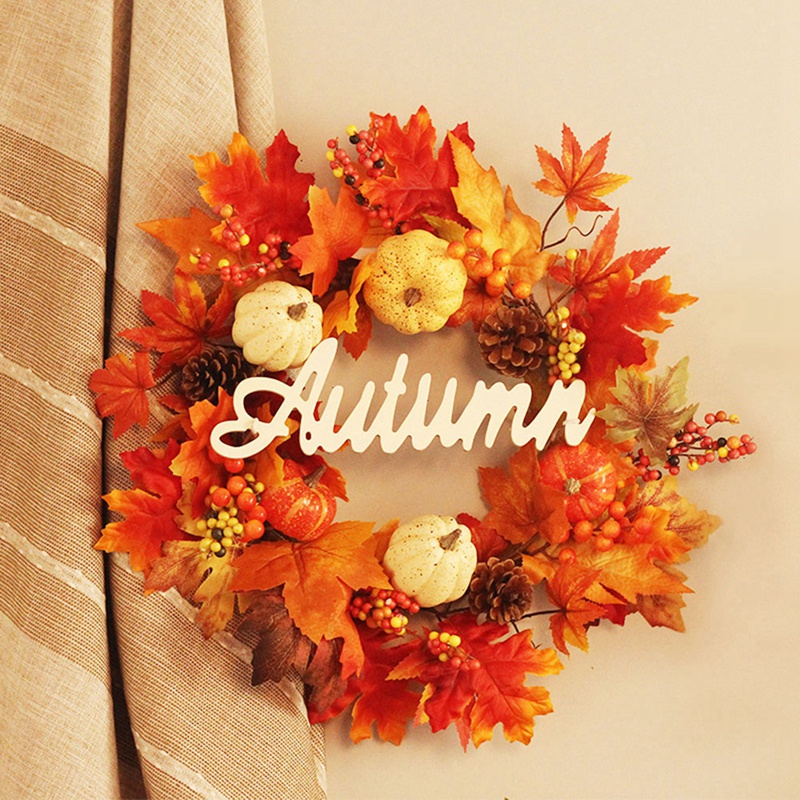 Kunstmatige Krans Met Pompoen Bessen Esdoornblad Voor Herfst Halloween Thanksgiving Dag Deur Thuis Decoratie, 19Inch
