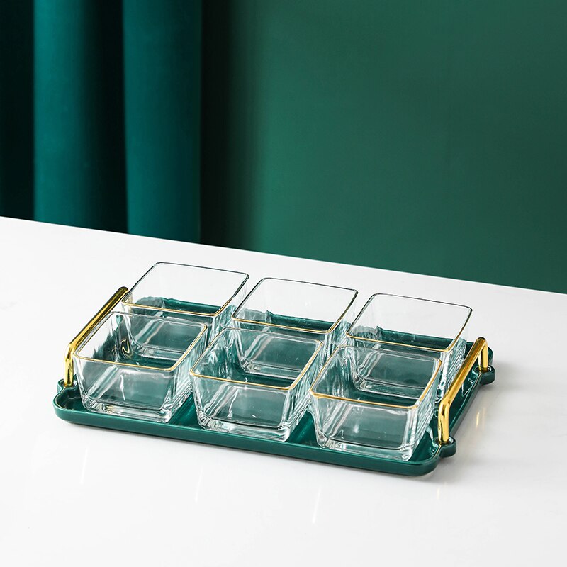 Plateau en verre doré, séparation des fruits secs, bol de séparation des aliments, plateaux décoratifs pour la maison, assaisonnement de cuisine, combinaison de vaisselle: green-6PCS