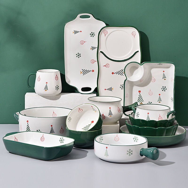 Kerst Keramische Servies Huishoudelijke Slakom Microwaveable Schotel Leuke Plaat Bakplaat Bakvormen Koffie Cup Servies Set