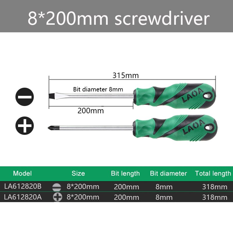 Laoa  s2 skruetrækkersæt med slids og stjerneskruetrækkere med magnetisk håndværktøj: 8 x 200mm 2 stk