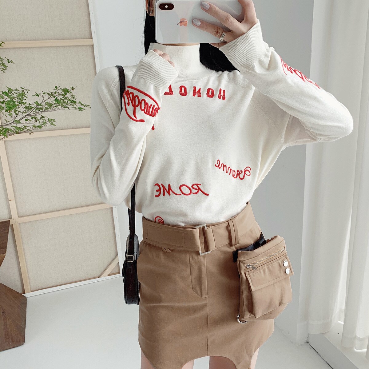 2020 outono inverno novo design na moda gola alta camisola vermelho carta bordado fino pulôver feminino versátil topo moda