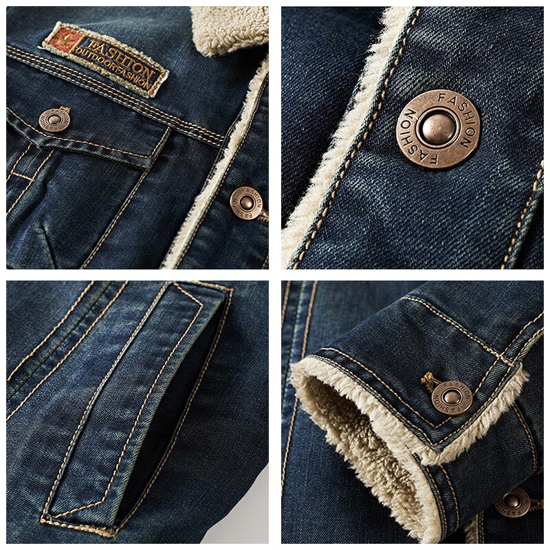 Herr vinter varm casual märke jeansjacka parkas herr höst vindtät fleece tjock kappa herr pälskrage herr jacka 5xl