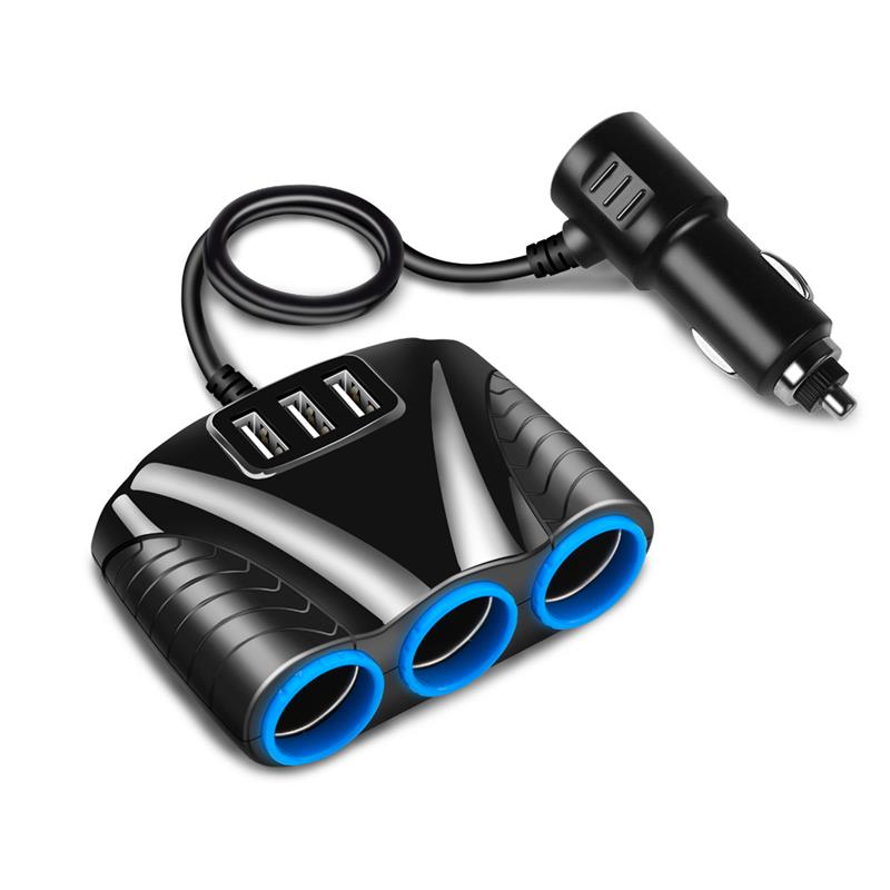 Onever 3 Port USB 3 voies | Allume-cigare de voiture 3 voies, Hub de prise de courant 3,1a bleu, Led 12V-24V pour Smartphone iPad