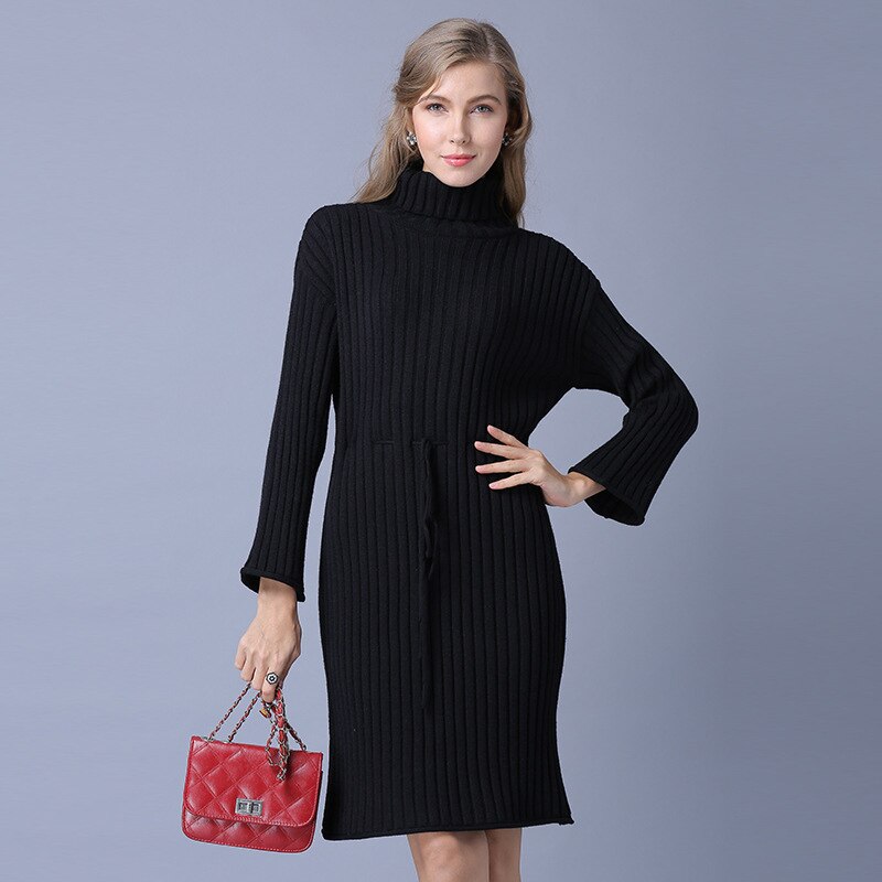 Winter Women Sweater Pullovers Long Sleeve Pullover Jumper Turtleneck Knitted Female Soft The Waist Dress