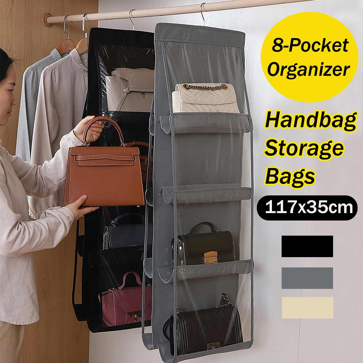 8 Pocket Handtas Opbergtas Purse Tote Bag Organizer Stofdicht Dubbelzijdig Opvouwbare Garderobe Kast Hanger Opknoping Vouwen