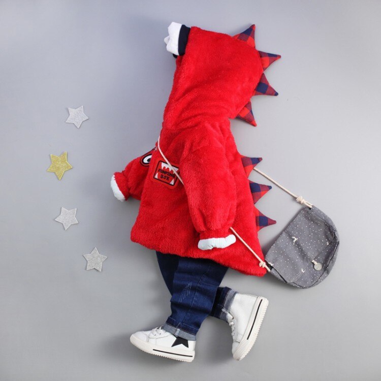 Children's Dinosaur Wool Cotton-padded Coat Warm Fleece Boys and Girls Clothes 1-7 Years Old Thickened Autumn/Winter Kids Coat: Red / 130