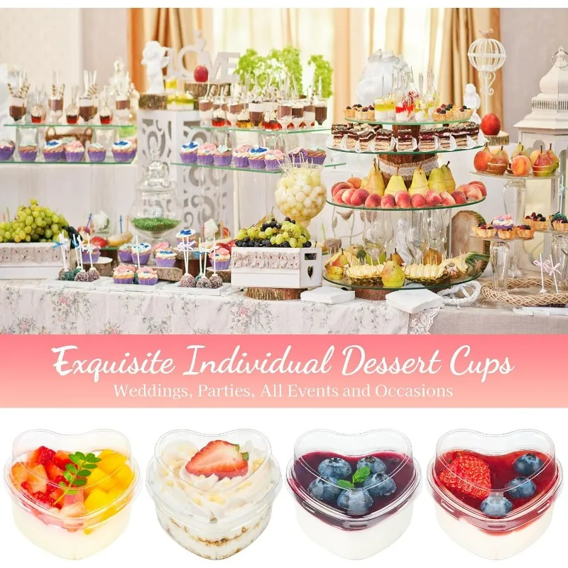 5/20x Wegwerp Plastic Bekers Met Deksels Hartvormige Doorzichtige Dessertbeker Puddingcontainer Voor Ijstaart Fruit Yoghurtkommen