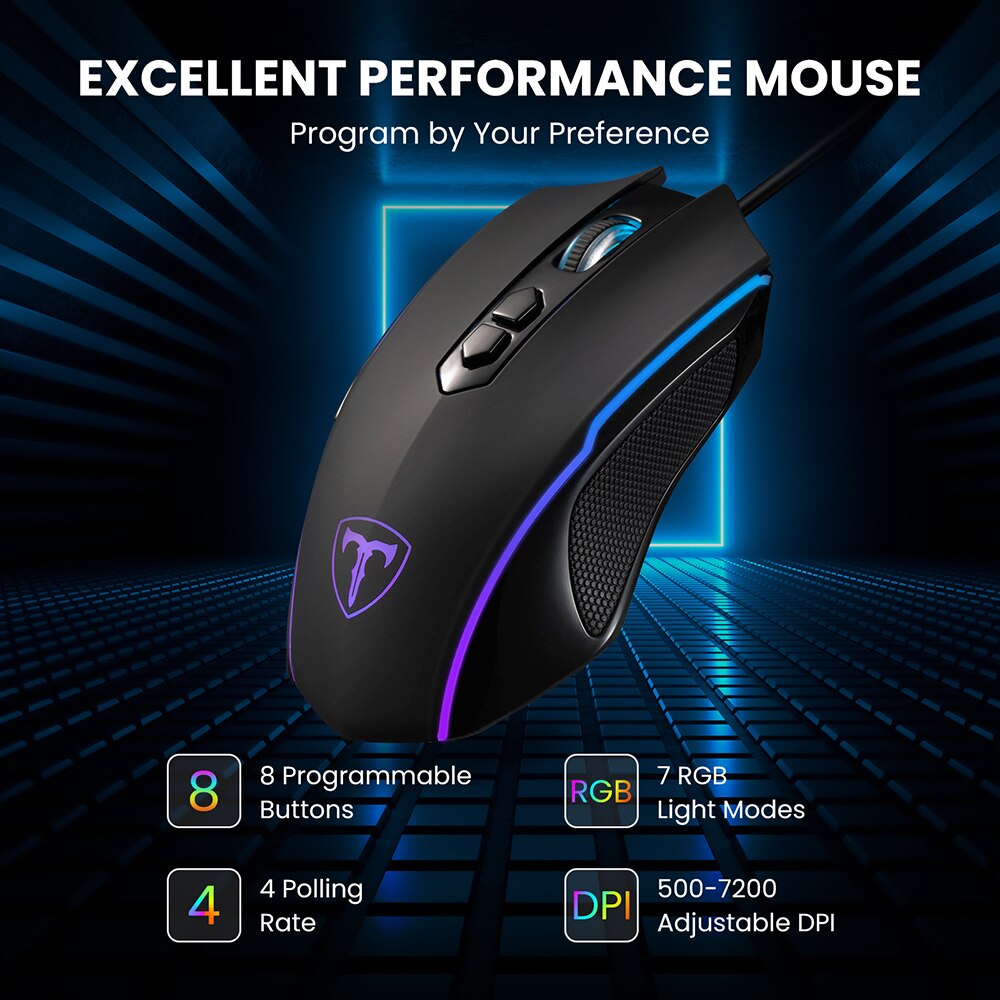 Pictek  pc330 mechanical gaming keyboard and mouse combo, wired rgb mouse with 8 programmable buttons , 7200 dpi adjustable for pc
