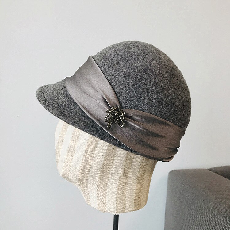 Solid vinter kvinders varme uld fedora hat retro stil bånd band damer ridning cap baseball cap beret hat formel: Grå