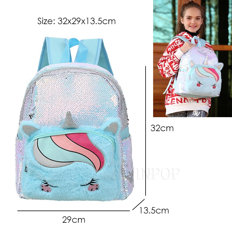 Mermaid Sequin Backpack for Girls Children Large 3D Cartoon Unicorn School Bag Teenager Hologram Heart Love Backpack: 8