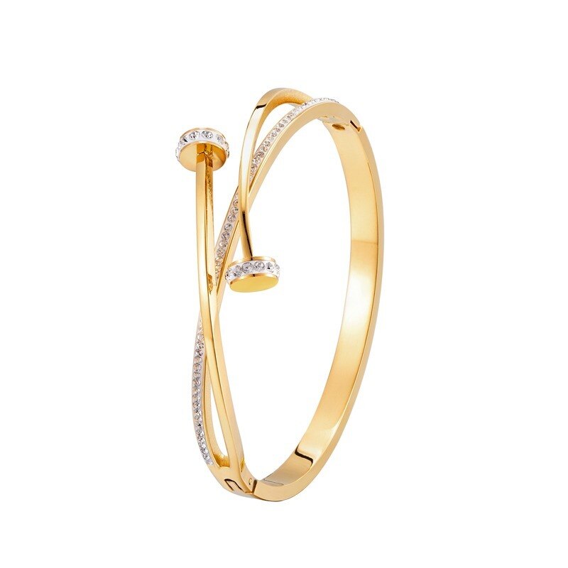 Rustfrit stål unikke dobbelt krystal søm hoved krydsarmbånd til kvinde elsker bryllup armbånd smykker: Guld