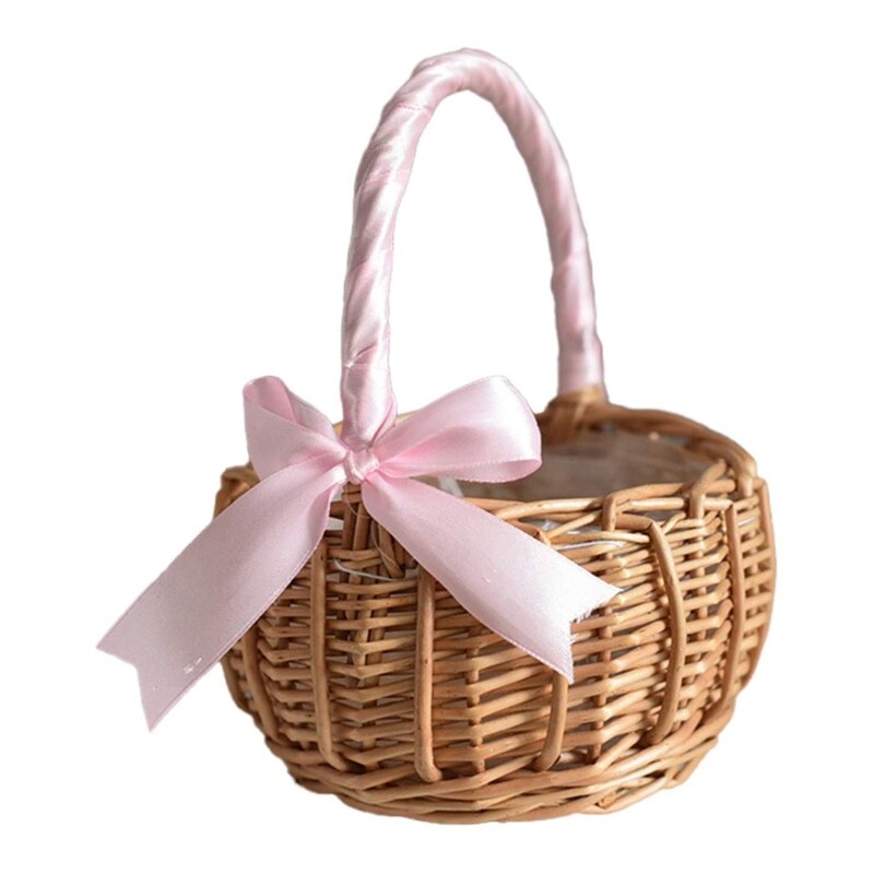 Panier à fleurs tissé en rotin, panier de rangement fait à la main pour fille, pour décor de mariage à la maison: pink large