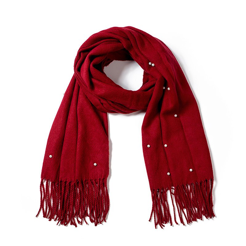 Vrouwen Mode Sjaal Parel Effen Kleur Kasjmier Sjaals Met Kwastje Dame Winter Dikke Warme Sjaal Vrouwelijke Shawl: Wine Red