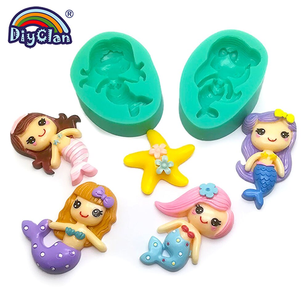 Moule sirène en Silicone pour décoration de gâteau Fondant, dessin animé, filles, Cupcake au chocolat, forme en Silicone pour outils en argile polymère, étoile de mer