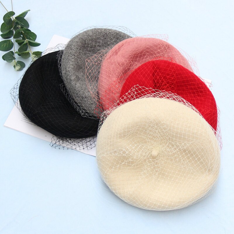 Baret Vrouwelijke Franse Hoed Plaid Wol Baret Met Sluier Voor Bruiloft Party Tweed Mesh Cap