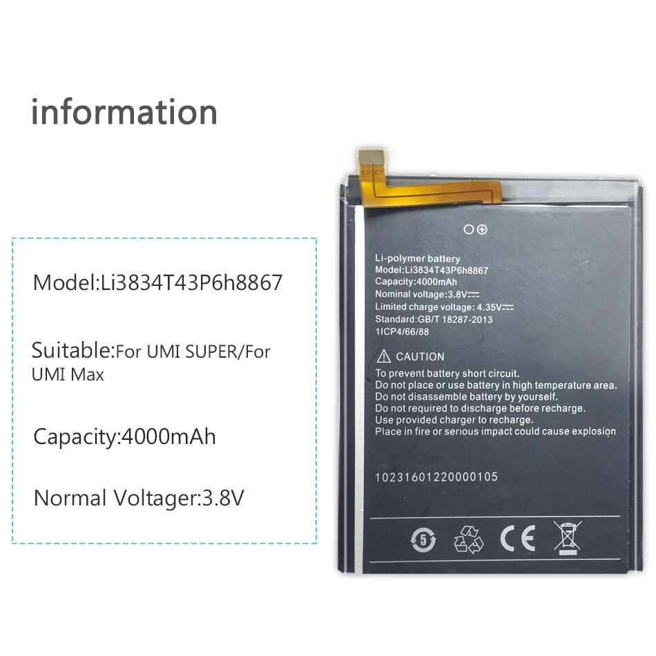 Batería de repuesto Li3834T43P6H8867, 4000mAh, para Umi Super /Umi MAX + número de seguimiento