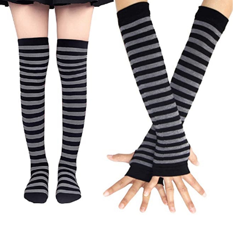1 Set Women Gothic Punk Over Knee Long Stripe Socks Arm Sleeve Gloves for Girl Thigh High Cotton Socks Sweet Cute Christmas