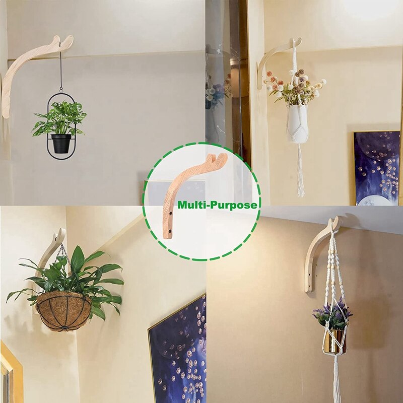 Paquete de 2 ganchos para plantas colgantes, colgador de pared de plantas de madera para interior y exterior, ganchos de pared para plantas colgantes