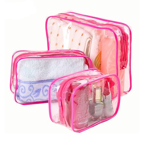 Sac à cosmétiques Transparent en PVC pour femmes, sac de maquillage Transparent à fermeture éclair, étui de beauté, organisateur de maquillage de voyage, rangement de bain, trousse de toilette: Rose / L