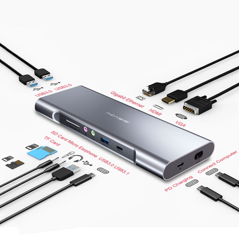 Acasis USB C HUB Type C to HDMI-compatible USB 3.0 Adapter 12 in 1 Type C HUB Dock for MacBook Pro Air USB C Splitter