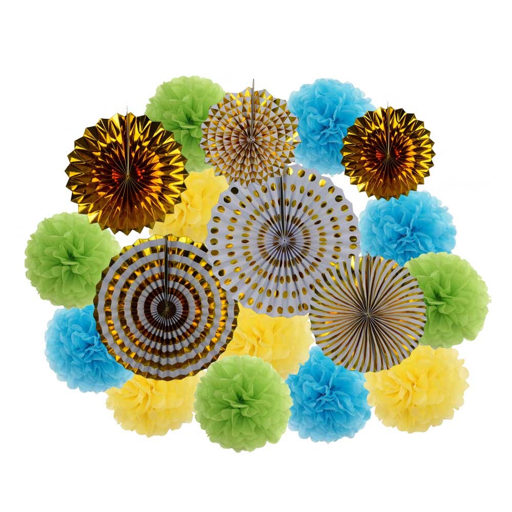 Lente Party Favor Goud Groen Set Vouwen Opknoping Papier Pom Pom Fans Baby Shower Kids Meisje Jongen Verjaardag Decoratie