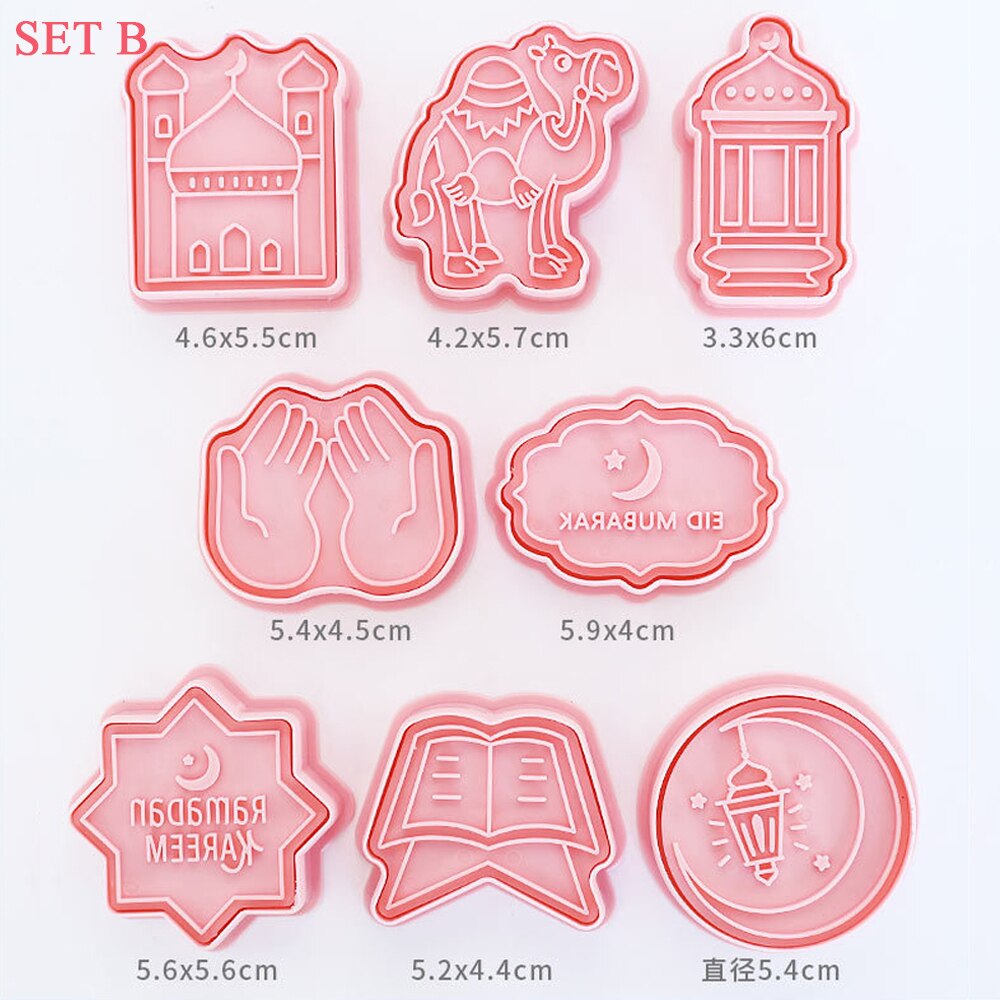 Eid Mubarak Cookie Cutters Set - Mosque, Moon & Star Shapes In Stainless Steel (Pink Handle)