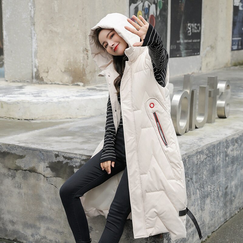 Efterår vinter stor størrelse varm blød hætte dame koreansk stil lang dame bomuld vest vest: Beige / Xxl