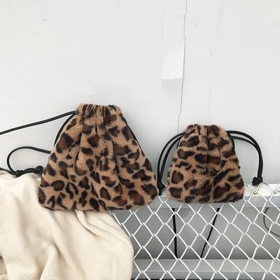 winter trekkoord emmer tas mode handtas luipaard faux fur schoudertas kleine schattige mini tassen voor vrouwen meisjes