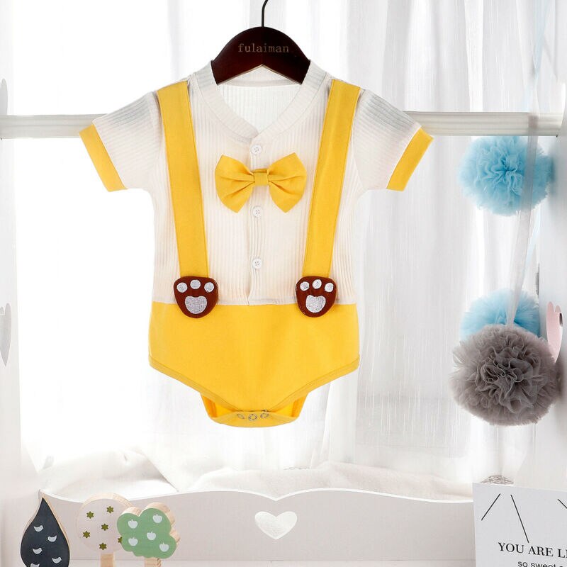 Pudcoco Toddler Baby Boy Bodysuit Gentleman Clothes Outfit Patchwork Short Sleeve Bodysuit Jumpsuit W/Tie Clothes Set 0-24M