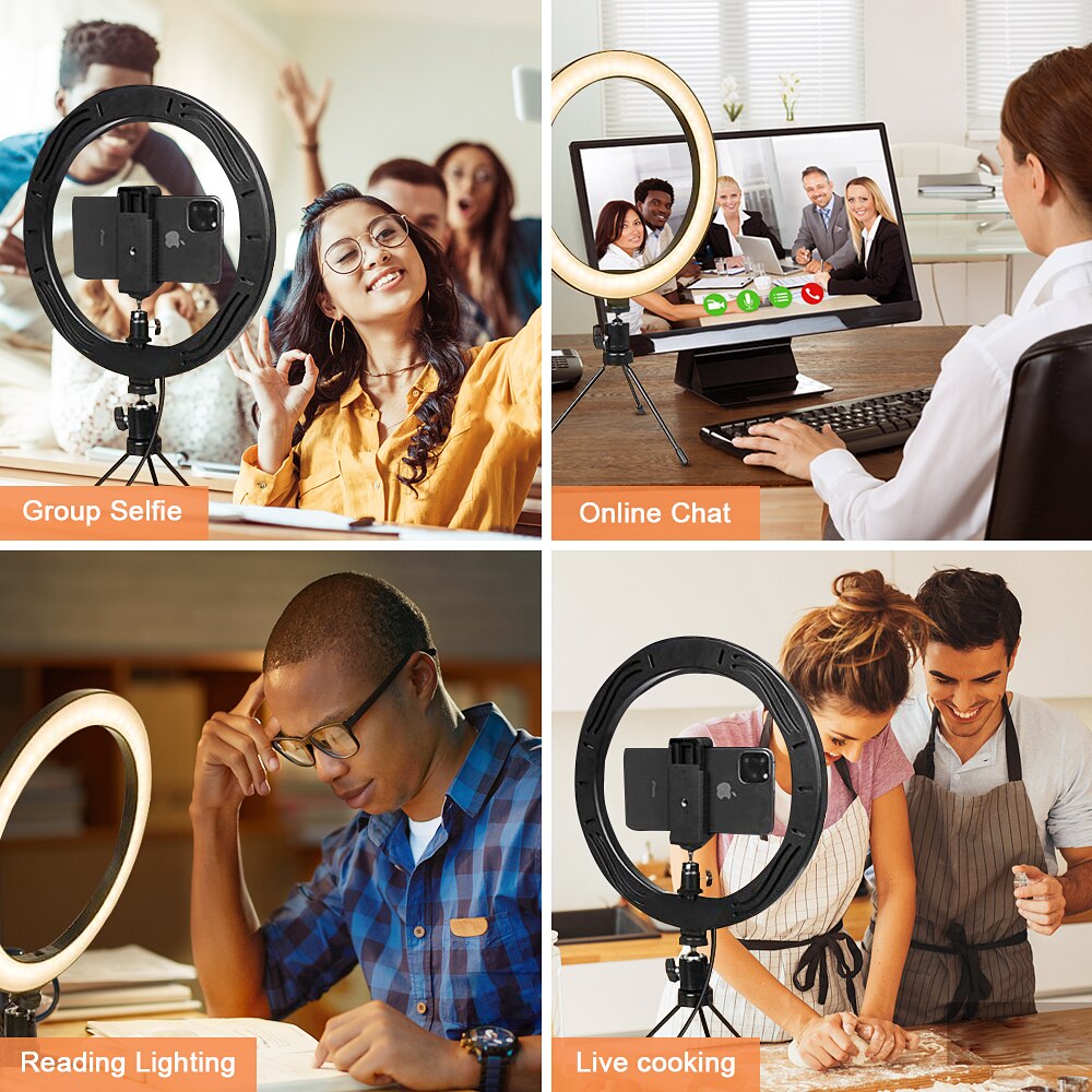 Ring light de led com tripé, ajustável, para selfie, com usb, lâmpada para fotografia, vídeos, maquiagem, lives e estúdio