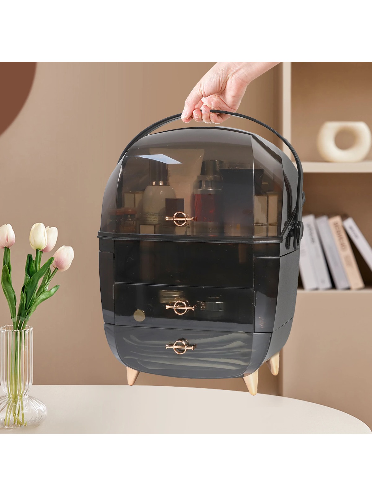 25Organizador de maquillaje para tocador, organizadores portátiles para el cuidado de la piel con tapa y cajones, almacenamiento de maquillaje y vitrina de cosméticos para contar: Bronce