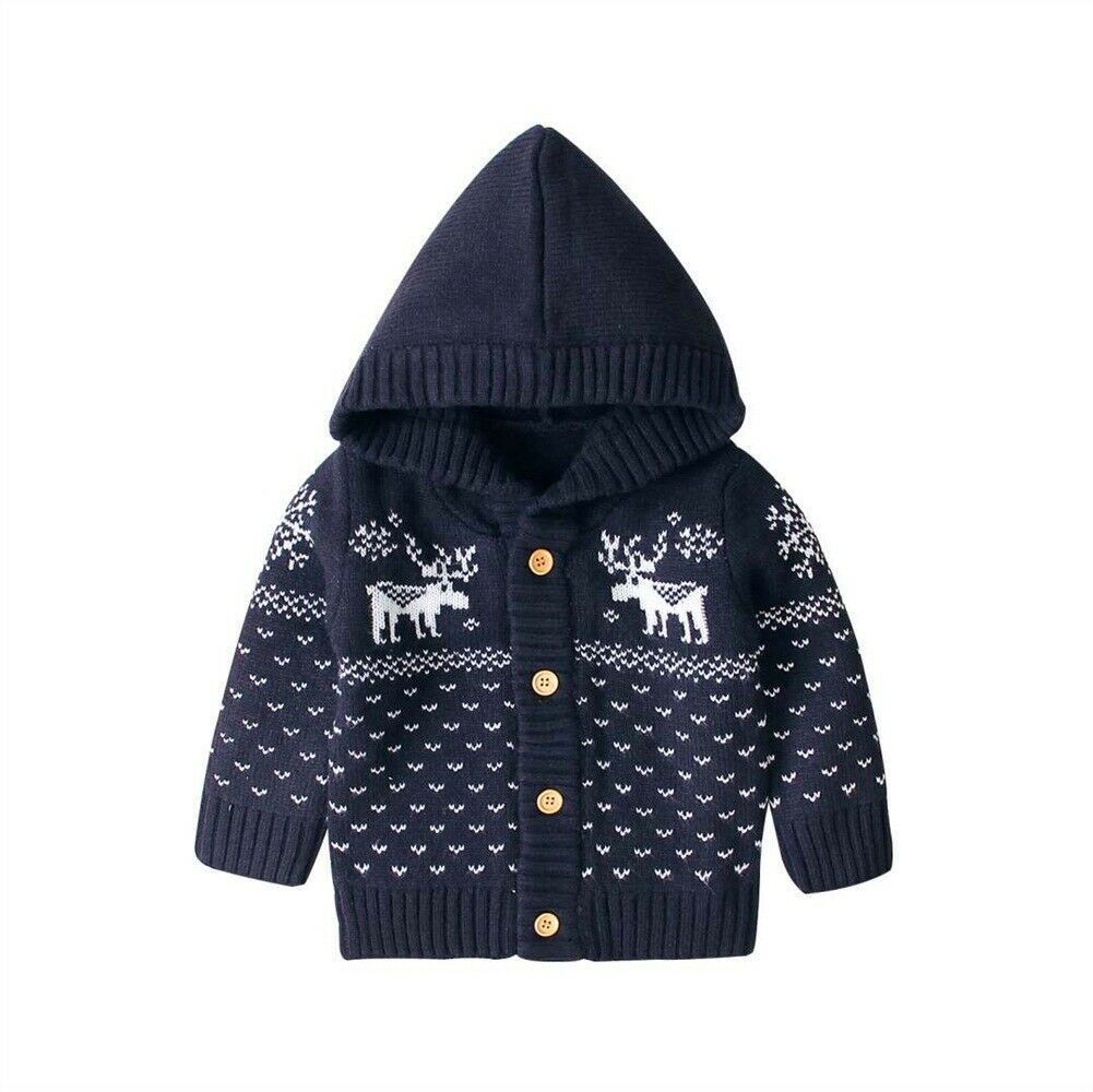 Christmas Xmas Knitted Coat Baby Girls Boys Coat Hooded Jacket Cardigan Christmas Deer Outwear 0-18 months: Navy Blue / 12M