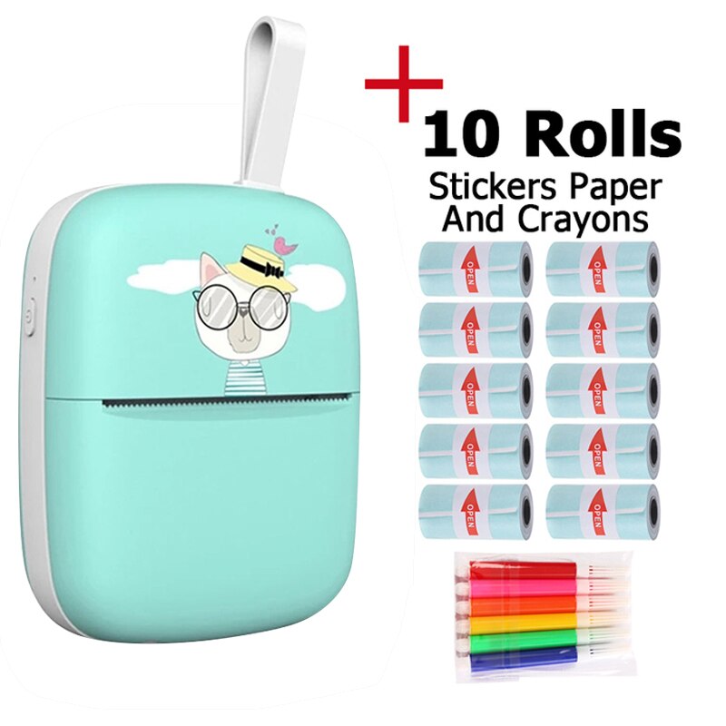 Mini Draagbare Thermische Printer 203Dpi Foto Pocket Printing Draadloze Bluetooth Label Printer Papier Voor Android Ios Kids: green