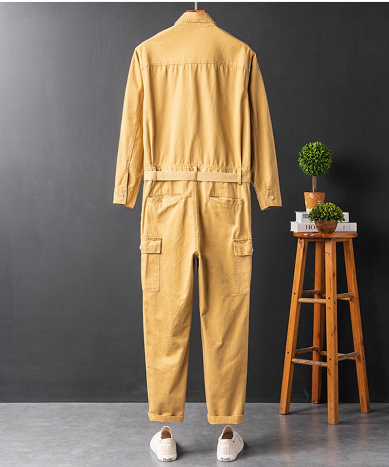 Mono de manga larga de algodón con solapa para hombre, ropa de trabajo japonesa, holgada, con múltiples bolsillos, pantalones Cargo, color caqui y negro