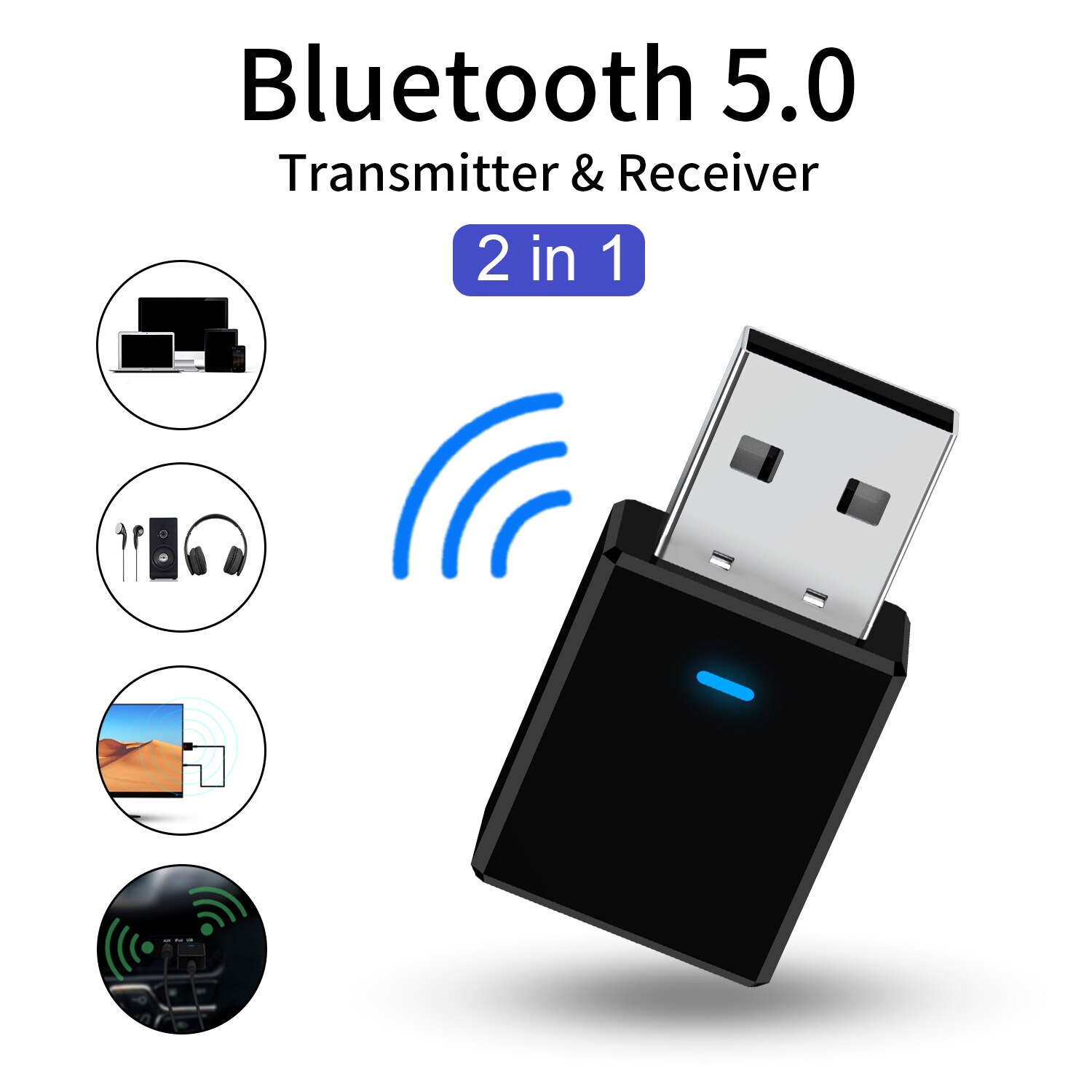 2 in 1 Bluetooth Transmitter Receiver USB Bluetooth 5.0 Wireless Stereo o Transmitter Adapter Dongle for TV PC