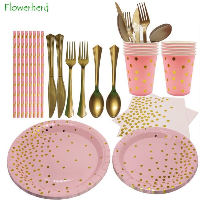 Pink Party Supplies Set Dinnerware Set Disposable Dots Paper Plates Napkins Cups Fork Knives Spoon Baby Shower Birthday Wedding