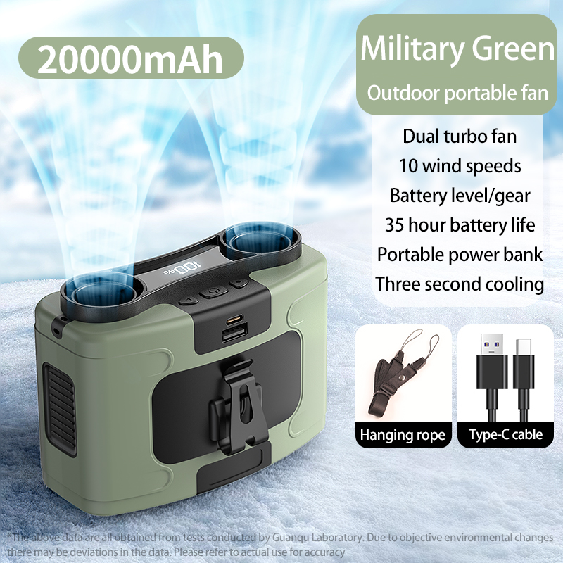20000 mAh tragbarer Taillenventilator, schnell kühlender hängender Halsventilator, 10 Gänge, Geschwindigkeiten, Doppelmotoren, starker Wind, Außenventilator mit Powerbank: WHITE