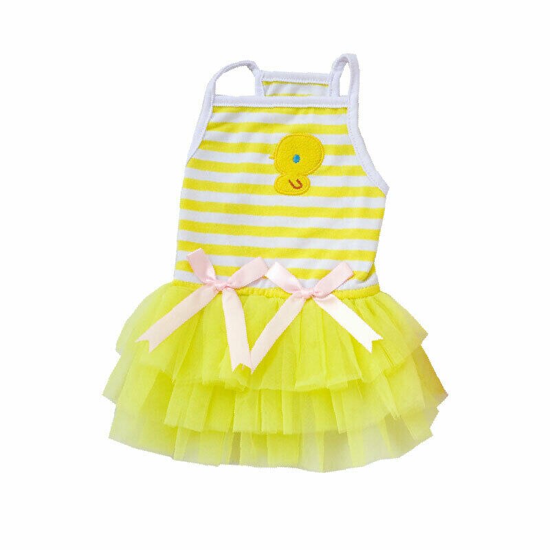 Letnie oddychające psy domowe spódnice Puppy modne koronki łączenie dekoracyjna kokarda mieszana kolor kamizelka w paski spódnice ubrania dla zwierząt: YELLOW / M
