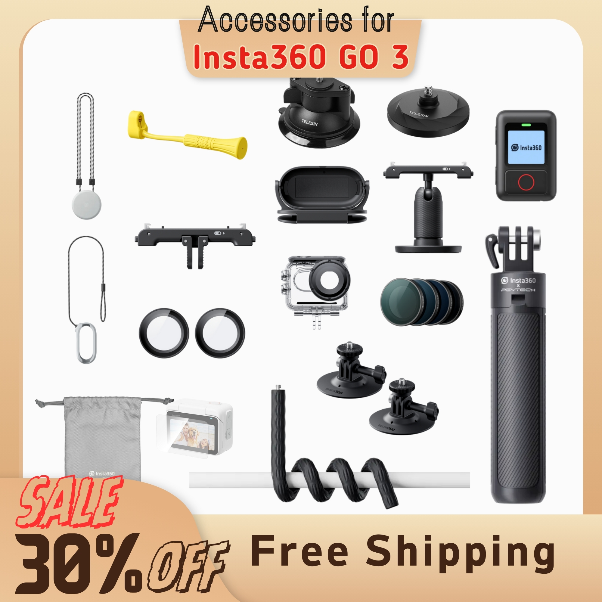 Insta360-Accessoires de collection GO 3, support à dégagement rapide, pendentif magnétique, protecteur d'écran et d'objectif de sécurité, étui de plongée, casque de vélo