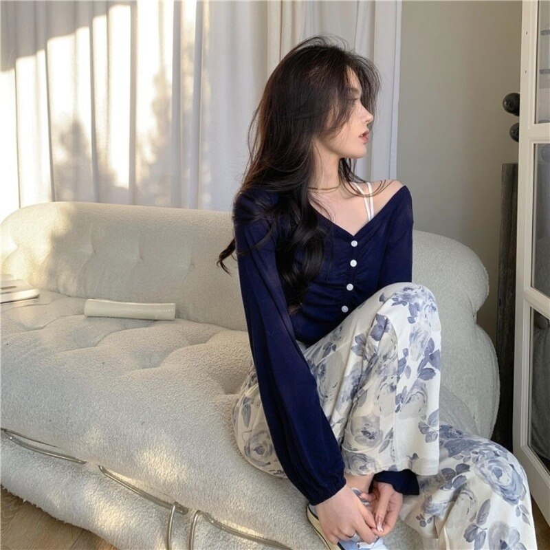 Women's Pants High Waist Floral Print Loungewear Female Loose Home Clothes Ulzzang Sleep Bottoms Korean Pajamas