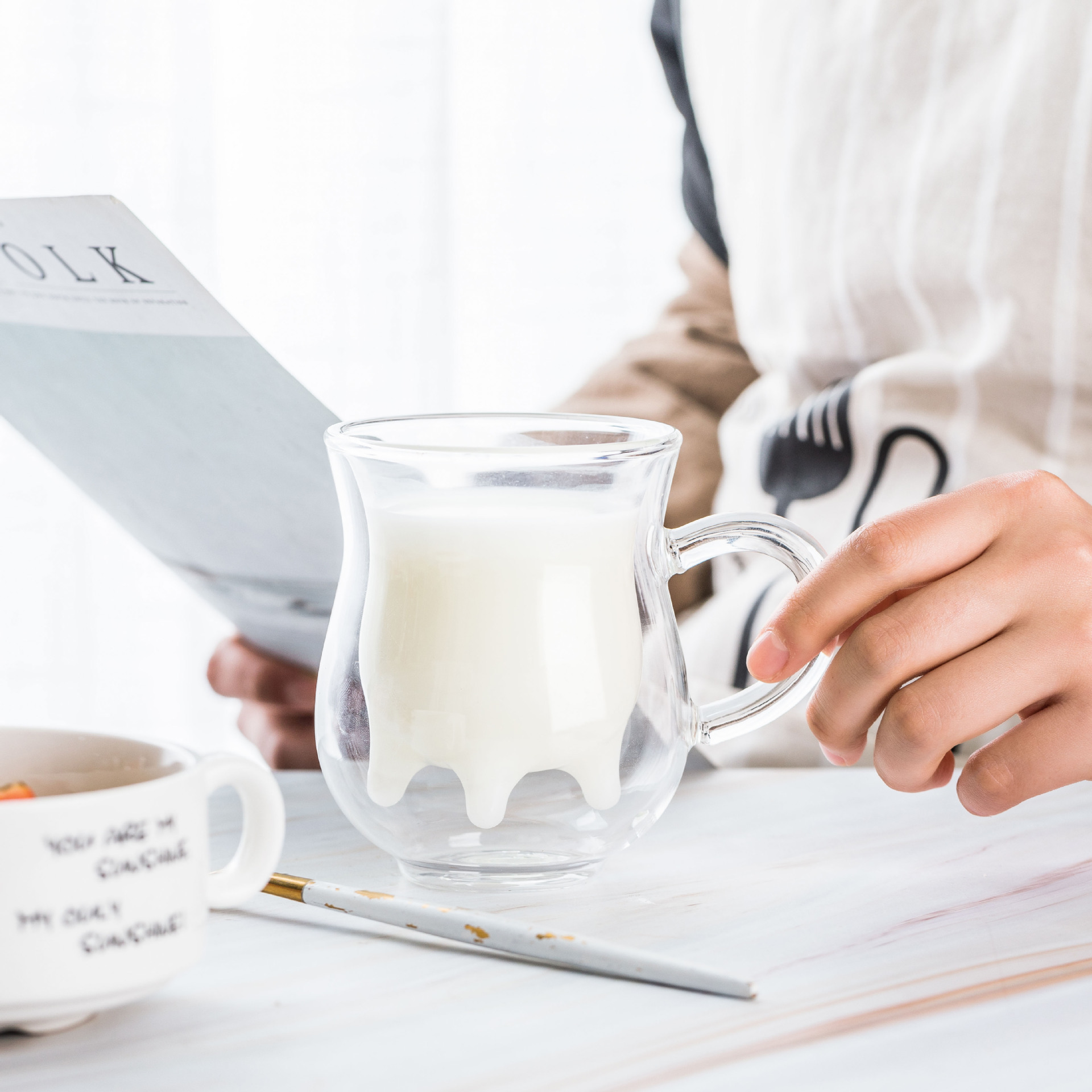 Drinkwares ko form dubbelvägg mjölkglas 250ml juicemugg boroslikat ljust glas juice kaffe drinkar glas