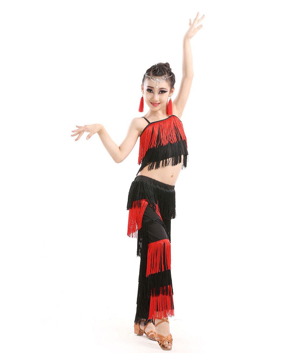 Children Bachata Latin Dance Costumes Girls Ballroom Tango Salsa Latin Dance Competition Costume Fringe Pants Tops