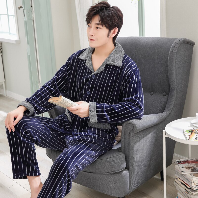 LNFINTDO Pyjama voor heren, lange katoenen winterpyjama, lange mouwen, shirt en flanel, geruit, pyjamabroek met zak, zachte fleece, loungewear