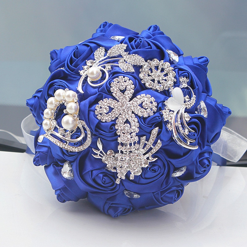 8 Styles 15cm Jewelry Beaded Wedding Flower Bridal Bridesmaid Bouquets Royal Blue Ribbon Bouquets Diamond Brooch Bouquet Small