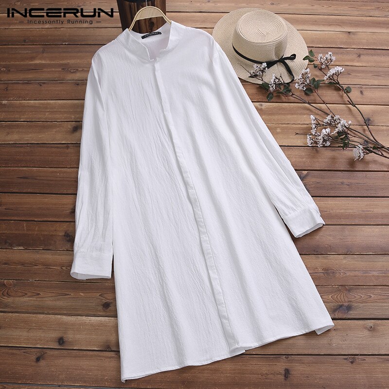 INCERUN Men Shirt Long Sleeve Stand Collar Cotton Vintage Top Men Solid Indian Style Casual Streetwear Men Long Shirt Hombre 5XL