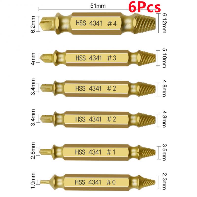4/6Pcs Damaged Screw Extractor Drill Bit Double Side Drill Out Broken Screw Bolt Remover Extractor Tools Set Easily Take Out+Box: 6pcs Gold with box