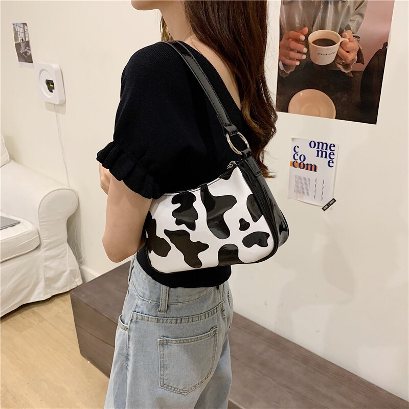 Retro Pu Leer Vrouwen Baguette Schoudertassen Leuke Melk Koe Patroon Dames Onderarm Tassen Meisjes Leuke Purse Bolso Mujer
