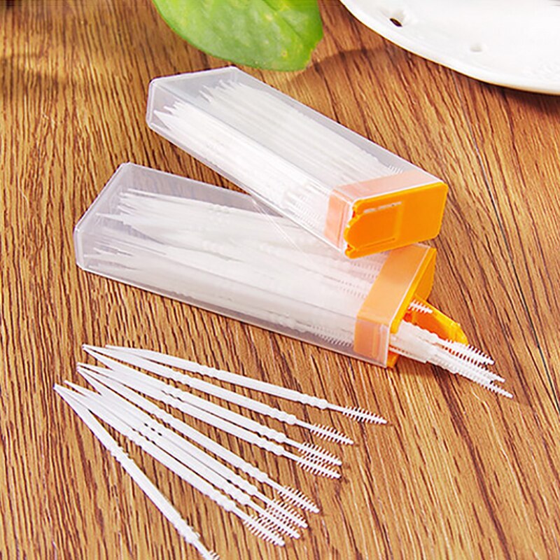 1 caja de palillos de dientes de plástico, palillo de dientes portátil y desechable, para limpieza Dental, de viaje, de dos cabezales, Color aleatorio
