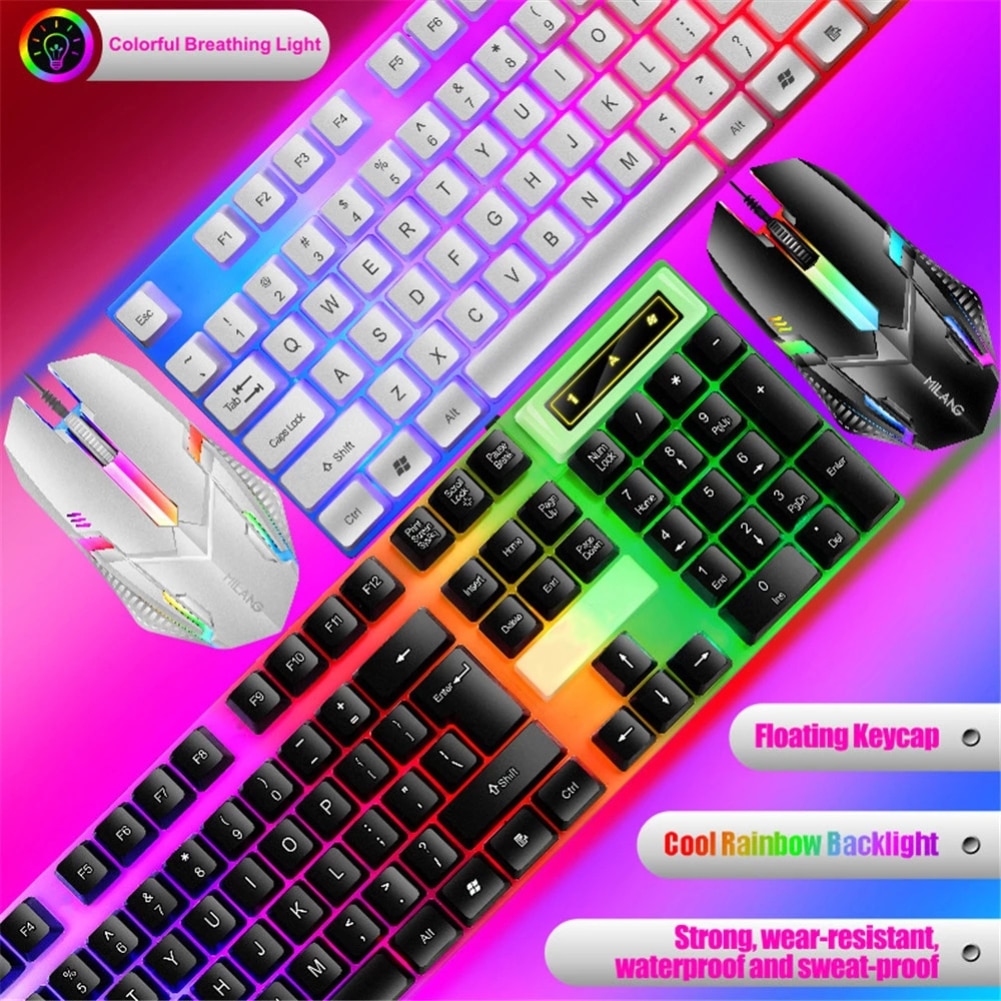 Kabelgebundene Tastatur und Maus mit Regenbogen-Hintergrundbeleuchtung, schwimmende Tastenkappe, stark, verschleißfest, angenehmes Gefühl für das Geschäftsbüro
