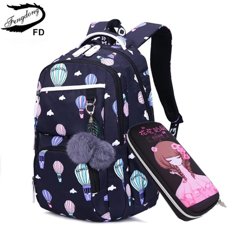 FengDong kids leuke zwart roze bloem school rugzak kinderen schooltassen voor meisjes pluche bal kinderen pen potlood tas set: ballon